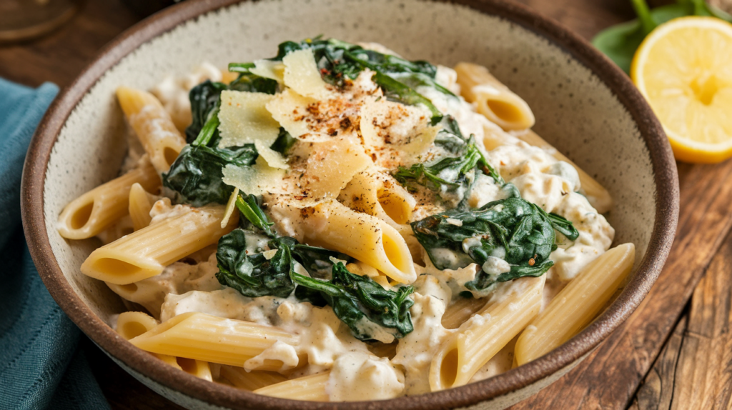  A warm, comforting pasta dish served in a rustic bowl, with creamy cottage cheese sauce clinging to penne pasta. The dish is topped with vibrant green spinach and hints of garlic, garnished with fresh Parmesan and black pepper, served on a wooden table with a lemon wedge nearby.