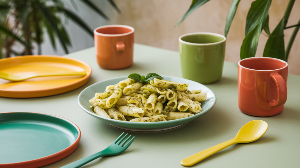 A cheerful kitchen scene with a plate of Cottage Cheese Pesto Pasta on a dining table. The plate is surrounded by cheerful dinnerware, including a yellow bowl, a green plate, and a red cup. There's also a green fork and a yellow spoon. The background has a beige wall and a green plant. The overall scene has an inviting ambiance.