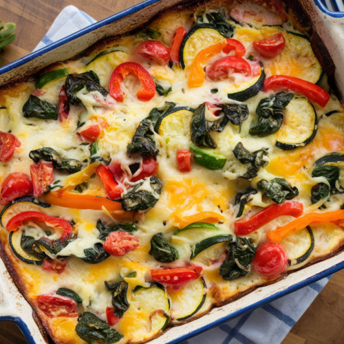 A baked casserole dish fresh out of the oven, golden brown on top, with a spatula cutting into it, revealing the layered vegetables and cottage cheese. The background should have a cozy kitchen setting, with fresh vegetables and herbs on the counter.