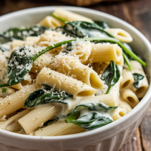 A close-up shot of creamy garlic spinach cottage cheese pasta in a white ceramic bowl. The pasta is well-coated in a smooth, white sauce with bright green spinach leaves and sprinkled with grated Parmesan. The background is rustic with a wooden table, creating a cozy, homestyle feel.