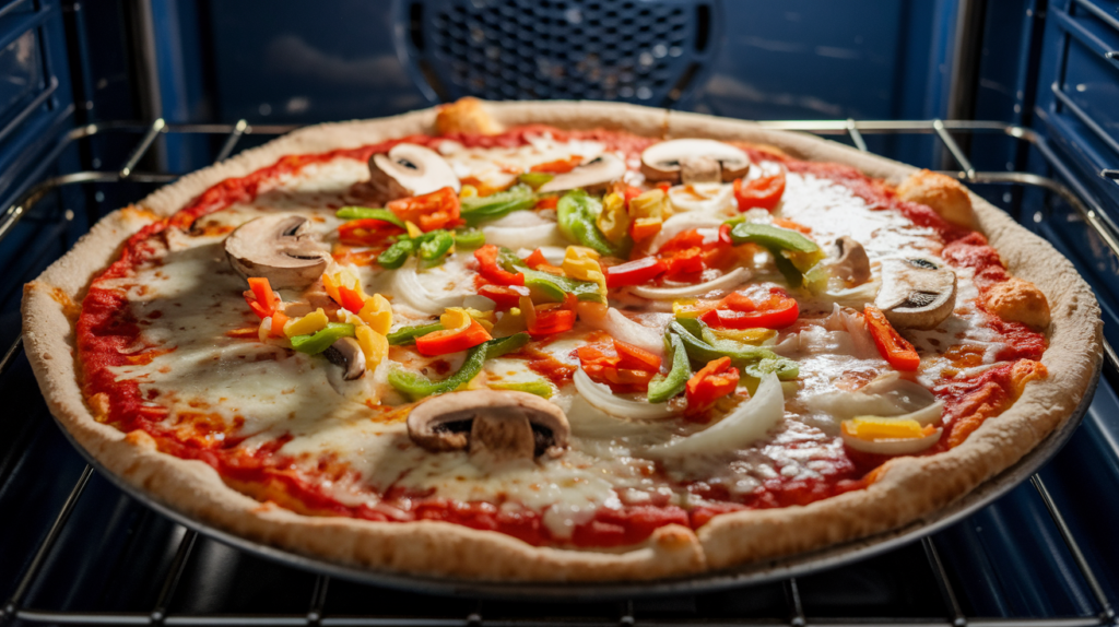 A photo of a veggie pizza baking in an oven. The pizza has a thin, crispy crust and is topped with tomato sauce, cheese, and a variety of vegetables, including mushrooms, onions, and peppers. The cheese is bubbling and the edges of the crust are turning golden brown. The background is the oven interior.