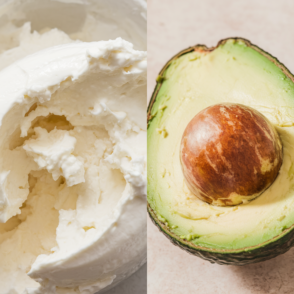 A split image showing a scoop of cottage cheese and an avocado sliced in half, showcasing their textures and colors, with a light background.