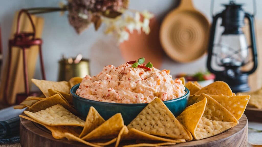 A close-up of a bowl of creamy, spicy cottage cheese dip with flecks of red chili, surrounded by golden, crispy tortilla chips. Background features a casual kitchen setting with warm tones.