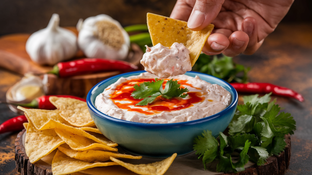 A dynamic image of someone scooping spicy cottage cheese dip with a tortilla chip. The scene should feature vibrant ingredients like red chilies, garlic, and cilantro in the background.