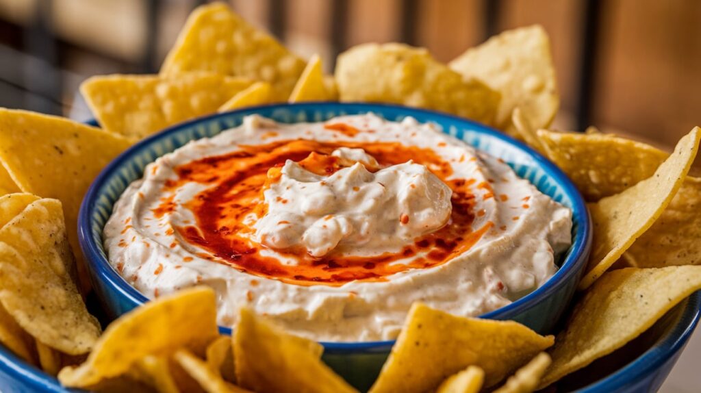 A close-up of a bowl of creamy, spicy cottage cheese dip with flecks of red chili, surrounded by golden, crispy tortilla chips. Background features a casual kitchen setting with warm tones.