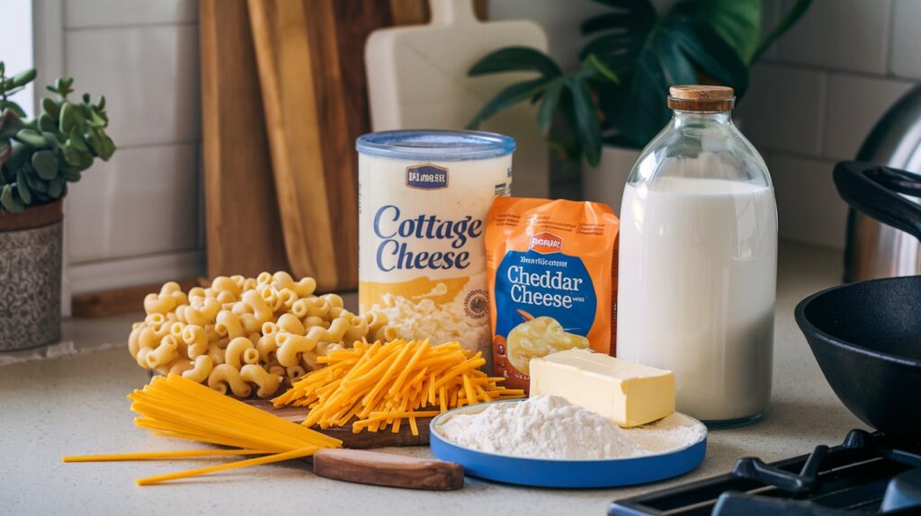 A photo of the ingredients for cottage cheese mac and cheese laid out on a kitchen counter. There are elbow macaroni, cottage cheese, shredded cheddar cheese, butter, flour, and milk. The setting has a homey and warm ambiance, with a wooden cutting board and a skillet. The background contains a few kitchen appliances and a plant.